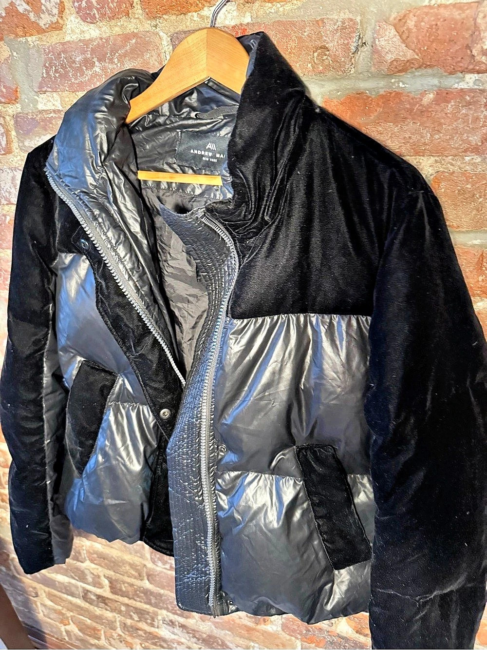 Andrew Marc Black Puffer Jacket in Black & Gray